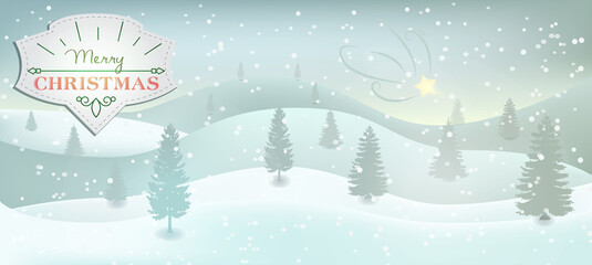 Christmas Snowy Night Vector Wallpaper. Winter Landscape with Christmas Tree Mountain