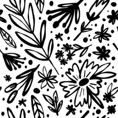 Cute sketch, line art, doodle monochrome floral seamless pattern background. Various flowers, branches, dots.
