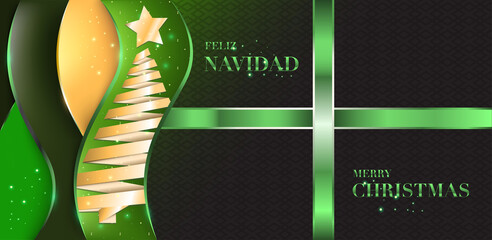 Green Christmas Background With Rounded Shapes With A Golden Tree Formed With Lines