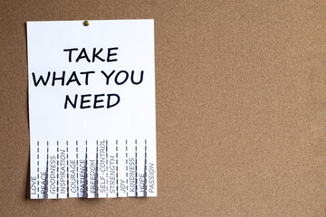 poster with various emotional needs ready to take, placed on an information cork board. horizontal...