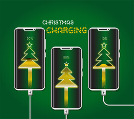 Mobile Phones Charging Using The Figure Of A Christmas Tree. Mobile Phone Charging In Style Christmas Tree Set