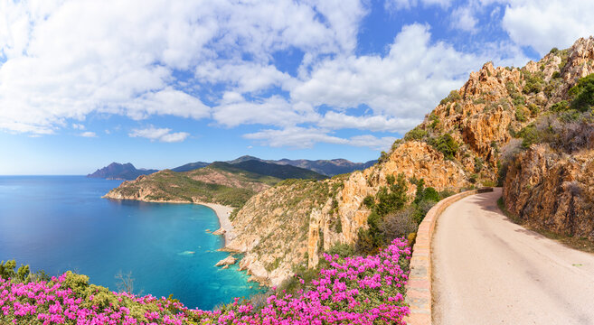 Landscape with Plage de Bussaglia and Calanques de Piana, Corsica island, France