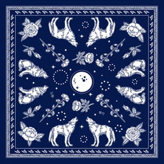 Design for bandana. Wolves howling at the moon  and roses. Engraving style. Vector illustration.