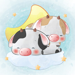 Cute calf sleeps in the clouds with the moon and stars watercolor illustration