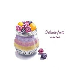 Berry and fruit dessert in a jar. Pastel illustration