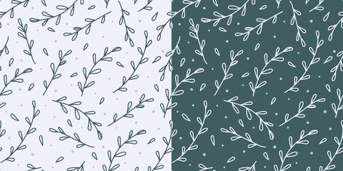 Set of seamless vector pattern with minimalistic floral design of branches and leaves on a white and blue background. Botanical background for fabric, clothing, wallpaper, wrapping paper, stationery.