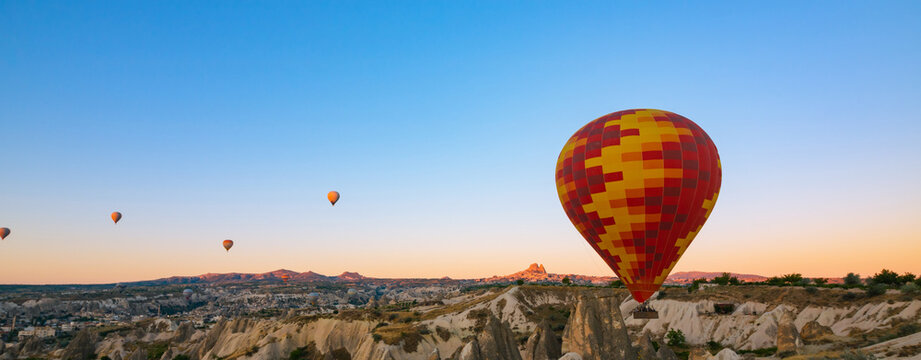 Hot air balloon banner. Cappadocia banner background photo with hot air balloons