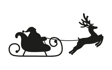 Santa Claus rides reindeer in a sleigh sled. 