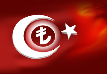 Sign Turkey Lira on background of national flag. Economic situation in Turkey. Lira logo inside white crescent. Turkey financial market. National currency of Turkish Republic. 3d image.