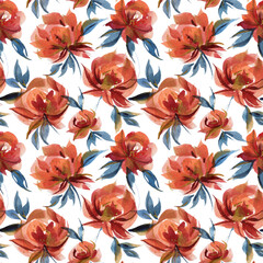 Fototapeta na wymiar Cottage ditsy seamless pattern with blue and orange folk roses
