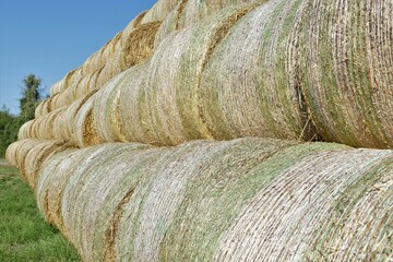Aufgestapelte Heuballen sortiert in endlosen Reihen