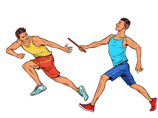 Fototapeta premium sports relay, passing the baton, men athletes race