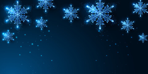 Fototapeta na wymiar Abstract Christmas digital web banner template with glowing snowflakes on dark blue