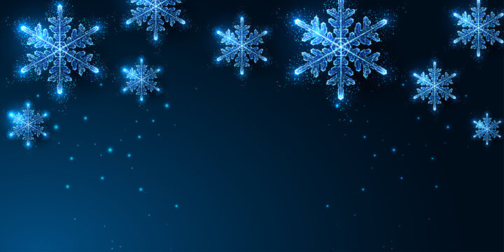Abstract Christmas digital web banner template with glowing snowflakes on dark blue