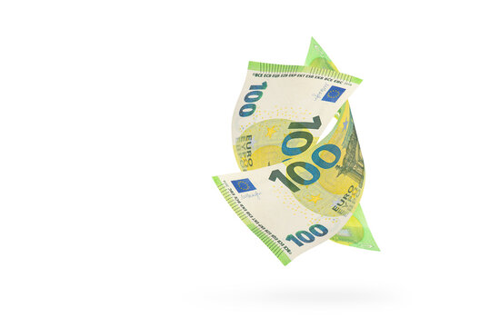 One hundred euro banknote isolated on white background. European money folded in half, close-up of money casts a shadow.Two euro banknotes intertwined in the air