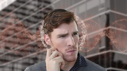 Animation of caucasian businessman over human brain and dna strand spinning - Powered by Adobe