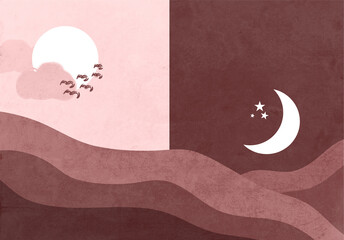 Boho bohemian wallpaper Sun and Moon in shades of brown © Paulina