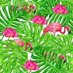 Watercolor illustration set of tropical floral plants. Exotic palm leaves. Hand painted. Perfect for fabric design,background texture, wrapping paper.