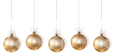Set of realistic gold Christmas tree balls with a pattern.  Christmas tree gold balls hanging on white background. Christmas tree toys. Gold and white color. Vector illustration. Modern background des
