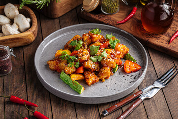 Asian cooked zander fish in sweet and sour sauce on wooden background