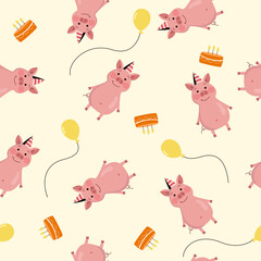 Seamless pattern with pink pig at the birthday party. Vector illustration of flat character.