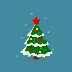 A beautiful green Christmas tree dressed up in bright Christmas toys.