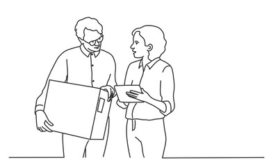 Man in glasses holding a box. Woman signs a document.