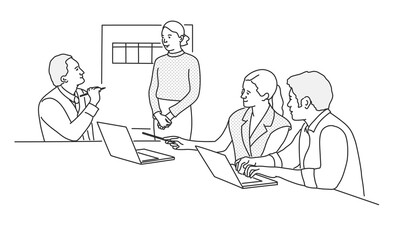 Group of office workers sitting at desks and communicating or talking to each other.