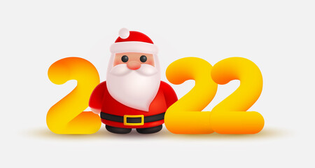 Christmas Santa Claus and gold, yellow numbers 2022 look like 3d rendering. Happy New Year illustration for postcard, banner, decor, design, arts on white background.