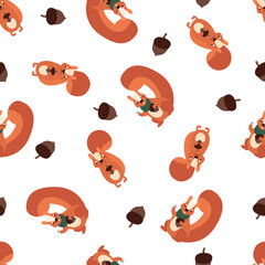 Seamless pattern with squirrel and walnut on a white background. Vector illustration of flat character. © Valeriia Dorofeieva