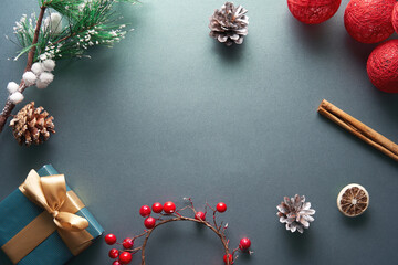 Merry Christmas and Happy New year mockup with cinnamon and pine cone  - 471355768