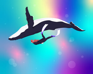 Diver swimming with whale underwater © Biruoh