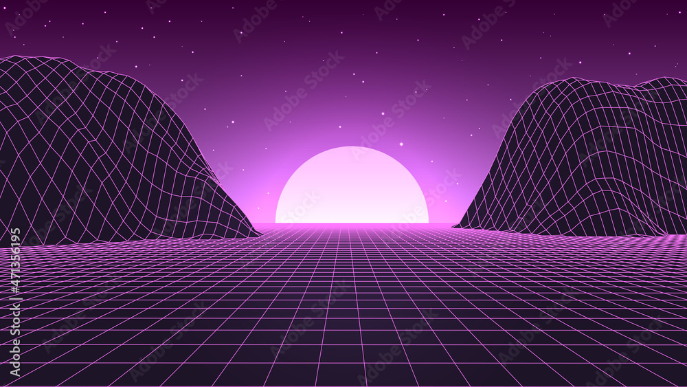 Poster futuristic wireframe landscape. retro vector grid with stars and sun. perspective tile of lines. det
