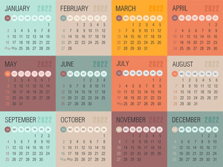 Vector calendar 2022 year. Week starts from Sunday