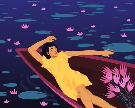Woman relaxing in boat on river with pink lotus flowers