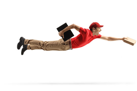 Delivery man flying and delivering a package