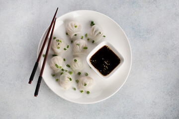 Homemade dumplings dim sum . Horizontal top view from above
