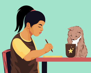 Girl studying at desk with cat 