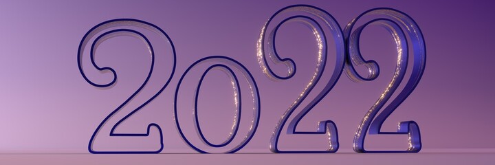 Blue inscription 2022 with a gold pattern . New Year's design. 3D visualization