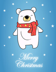 Christmas greeting card of a cute hand drawn polar bear with stars on blue background. Christmas background with cartoon character.