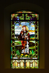 Stained glass window in Panama Metropolitan Cathedral, beautifully colored Saint Barbara