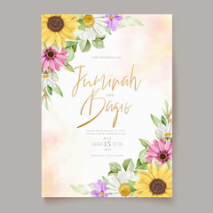 watercolor sun flower and daisy wedding invitation card set 
