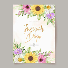 watercolor sun flower and daisy wedding invitation card set 