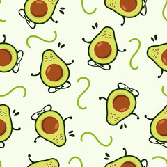 Seamless pattern with green avocado. Vector illustration of flat food character.