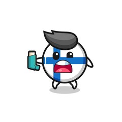 finland flag mascot having asthma while holding the inhaler