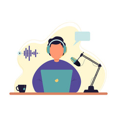 Business man and laptop. A man in headphones at a laptop is recording a podcast. Call center apperator work. Work at the computer. Vector illustration in a flat style on a white background.