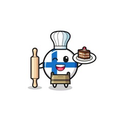 finland flag as pastry chef mascot hold rolling pin