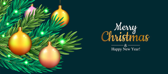 Merry Christmas and Happy New Year banner. Abstract background with glow. Modern design of elegant shapes of Christmas balls and branches of the Christmas tree. New Year card. Template vector 
