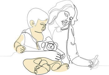 Continuous one line drawing of business mom is talking on the mobile phone and taking notes while spending time with her kid. Vector illustration. Vector illustration