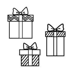 Composition of 3 gift boxes with a bow and a surprise inside in black and white design.